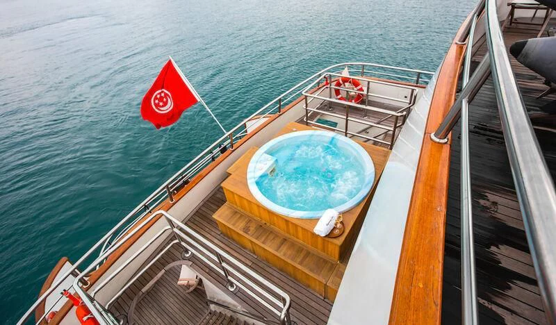 a boat with a flag on the front aboard STAR OF THE SEA Yacht for Sale