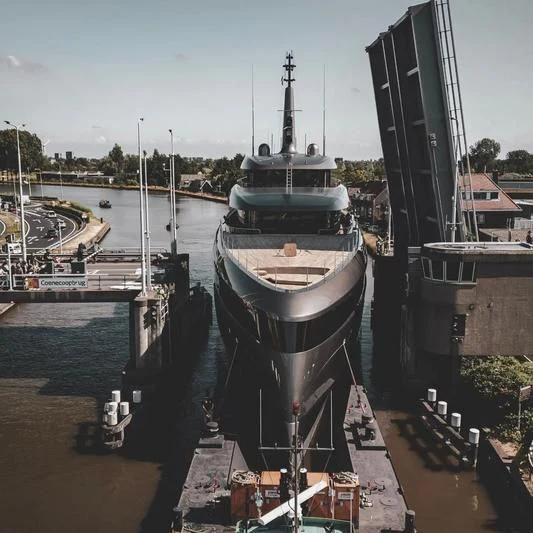 a boat docked at a pier aboard OBSIDIAN Yacht for Sale
