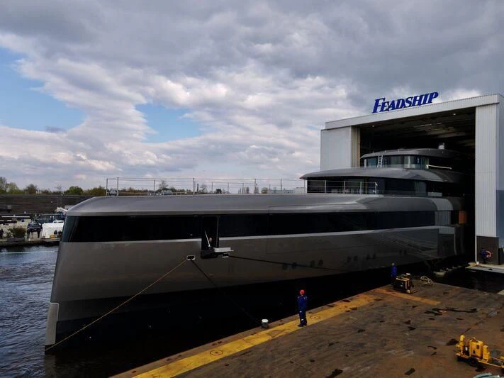a large ship docked aboard OBSIDIAN Yacht for Sale