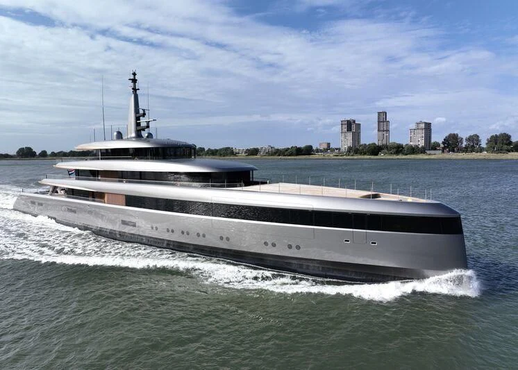 a large white boat in the water aboard OBSIDIAN Yacht for Sale