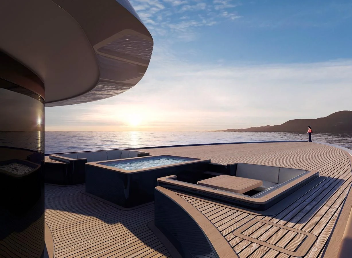 a person standing on a deck overlooking a body of water aboard LES CINQ Yacht for Sale