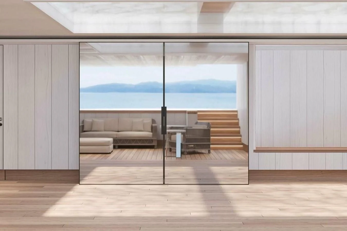 a room with a wood floor and a large window aboard LES CINQ Yacht for Sale