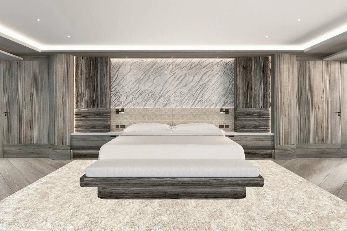 a large room with a bed aboard LES CINQ Yacht for Sale