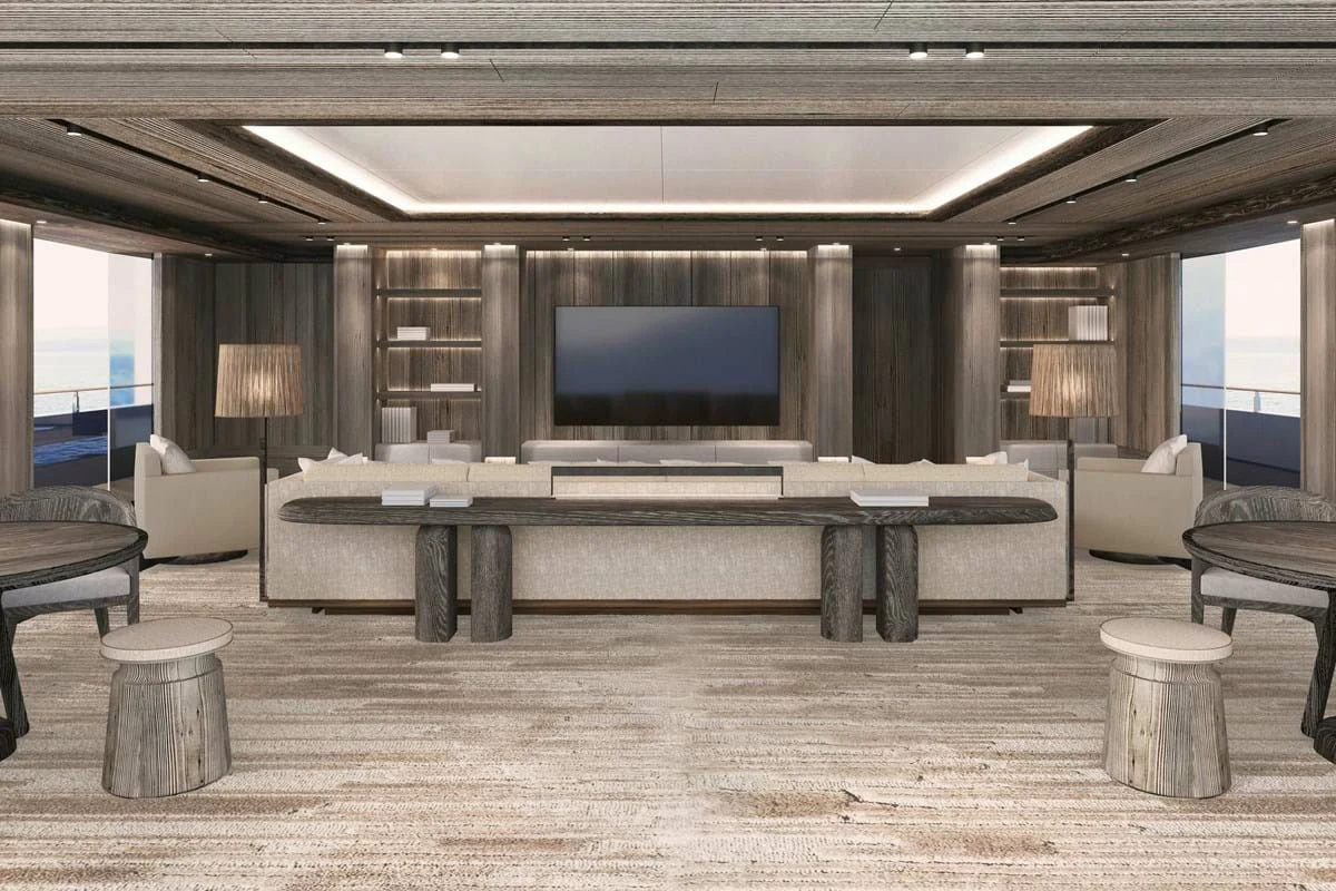 a large room with a large tv aboard LES CINQ Yacht for Sale