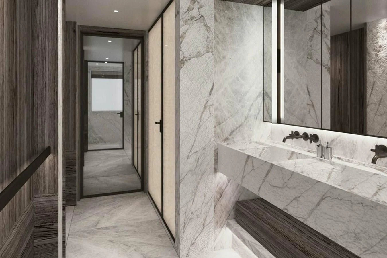 a bathroom with marble tiles aboard LES CINQ Yacht for Sale