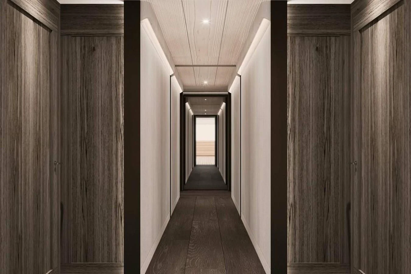 a long hallway with white walls aboard LES CINQ Yacht for Sale