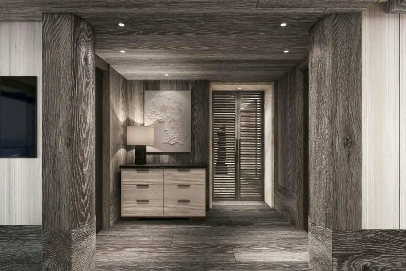 a room with wood walls and a wood floor aboard LES CINQ Yacht for Sale