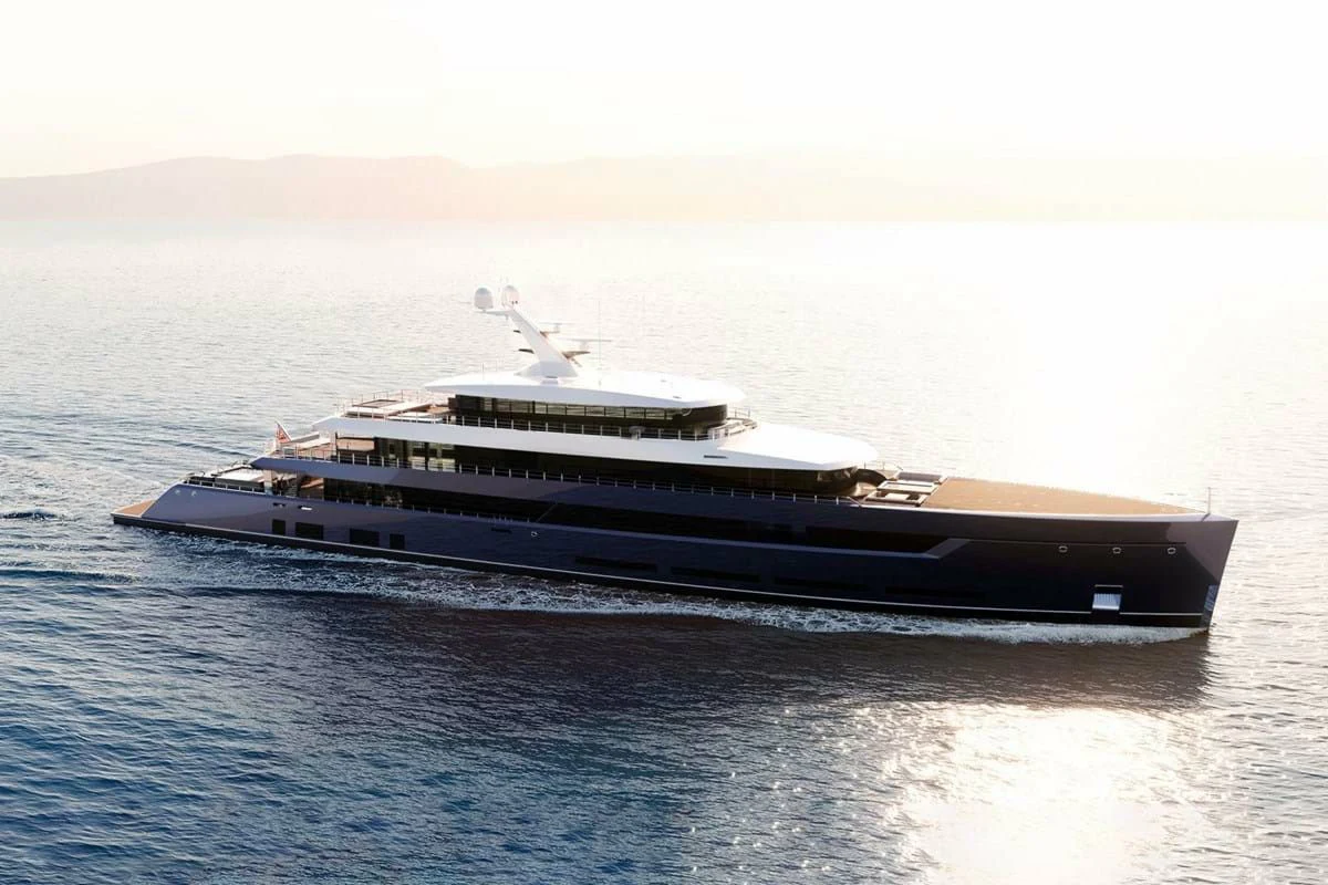 a large boat in the water aboard LES CINQ Yacht for Sale