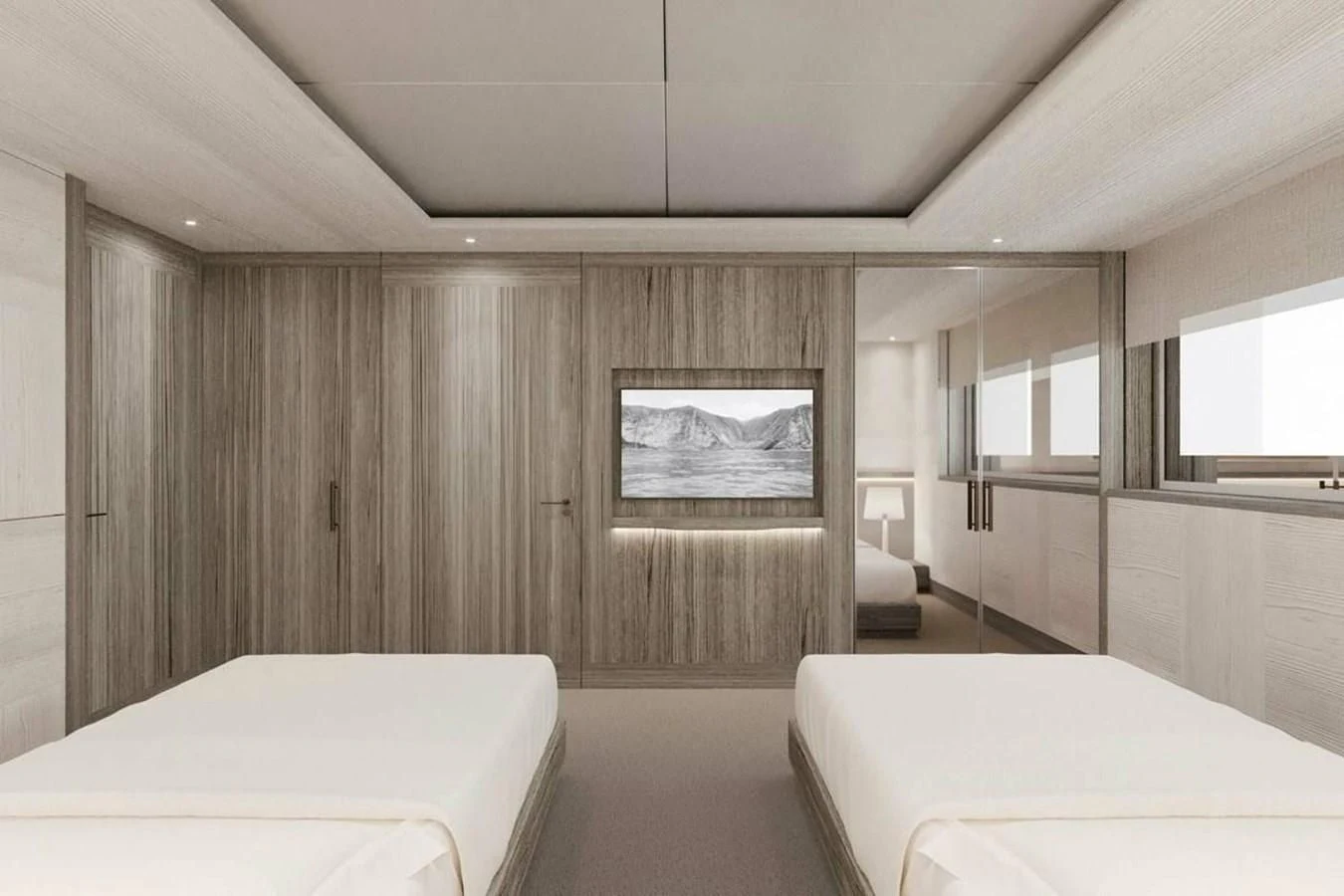 a room with a bed and a window aboard LES CINQ Yacht for Sale
