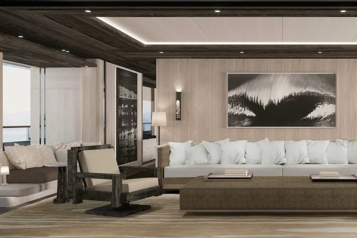 a living room with a large painting aboard LES CINQ Yacht for Sale