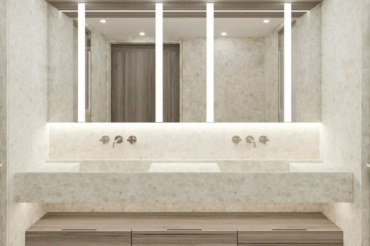 a bathroom with a large mirror aboard LES CINQ Yacht for Sale
