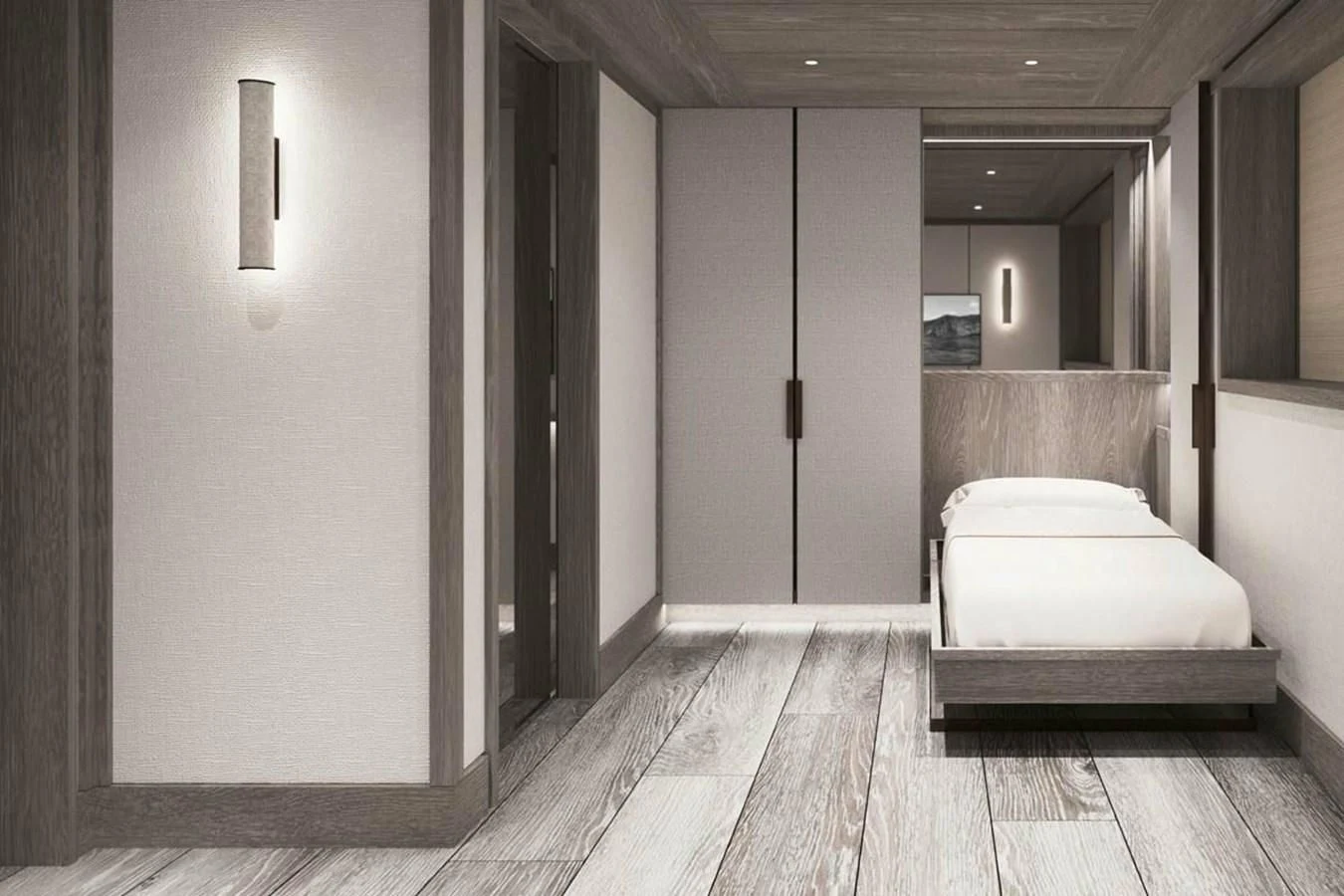 a room with a bed and a mirror aboard LES CINQ Yacht for Sale