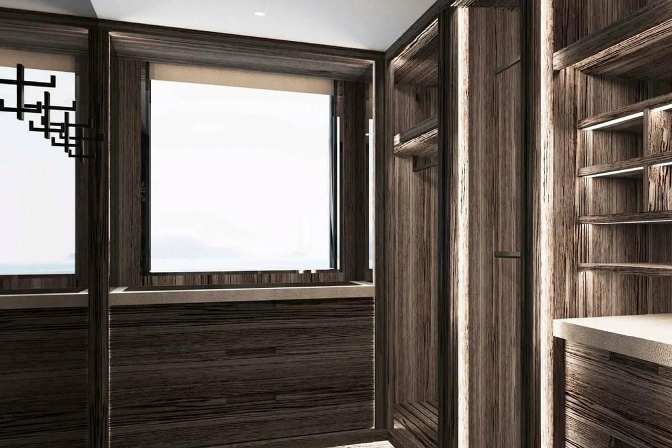 a room with a window and a table aboard LES CINQ Yacht for Sale