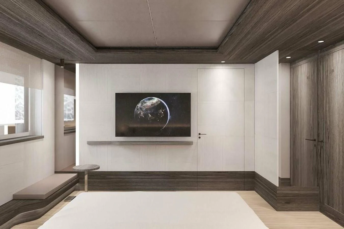 a room with a fireplace aboard LES CINQ Yacht for Sale