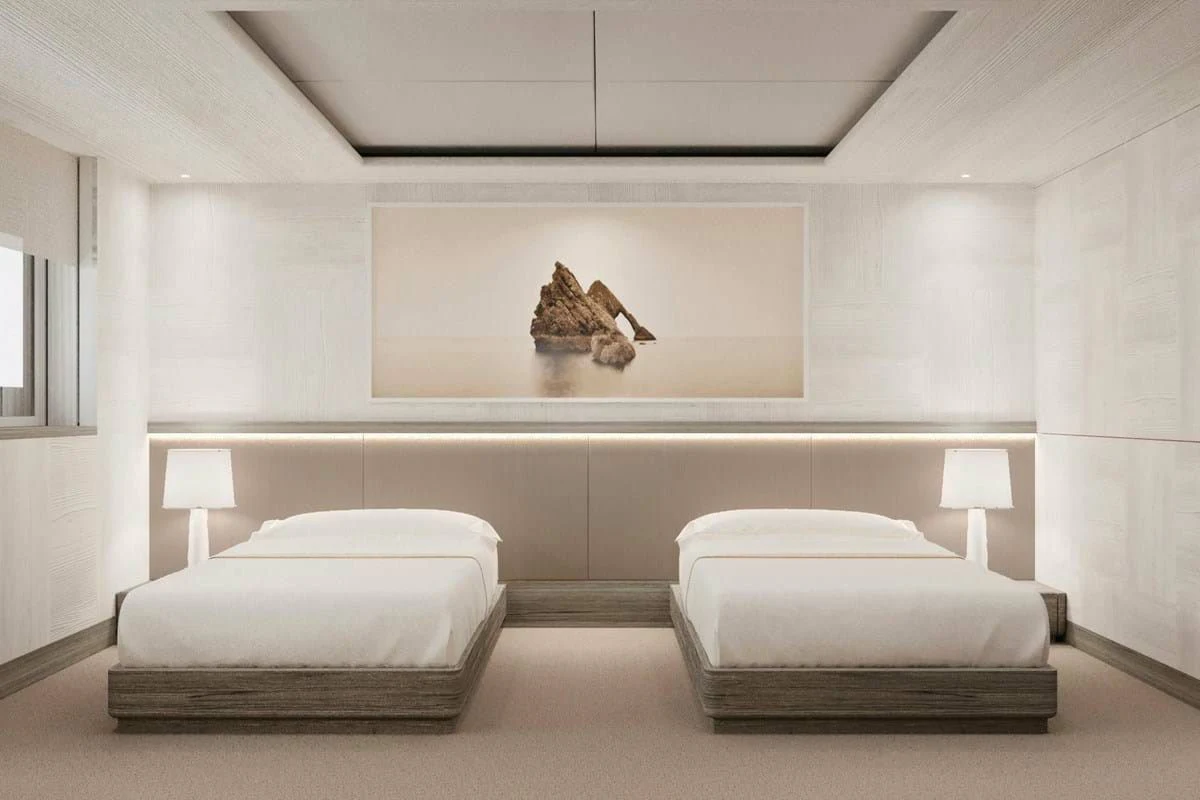 a room with a bed and a lamp aboard LES CINQ Yacht for Sale