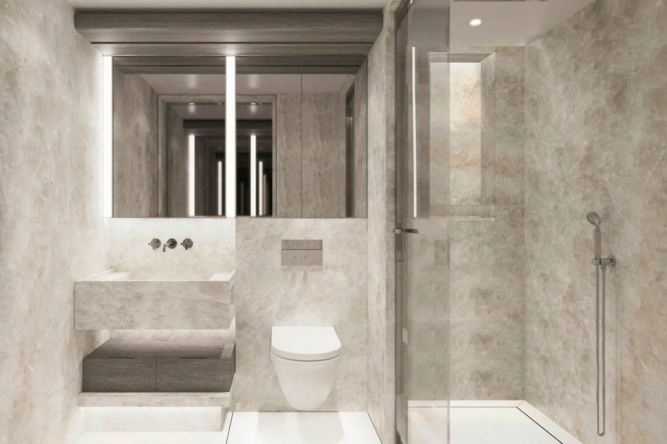 a bathroom with a large mirror aboard LES CINQ Yacht for Sale