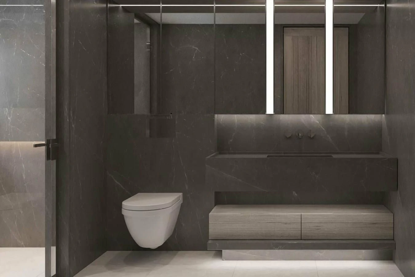 a toilet in a bathroom aboard LES CINQ Yacht for Sale