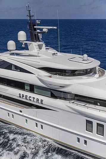 a white yacht on the water aboard SPECTRE Yacht for Sale