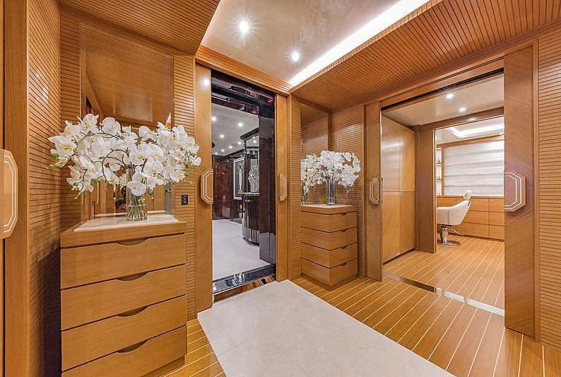 a bathroom with a large mirror aboard SPECTRE Yacht for Sale