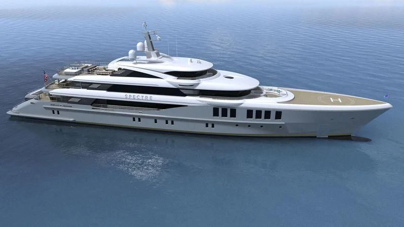 a white yacht in the water aboard SPECTRE Yacht for Sale