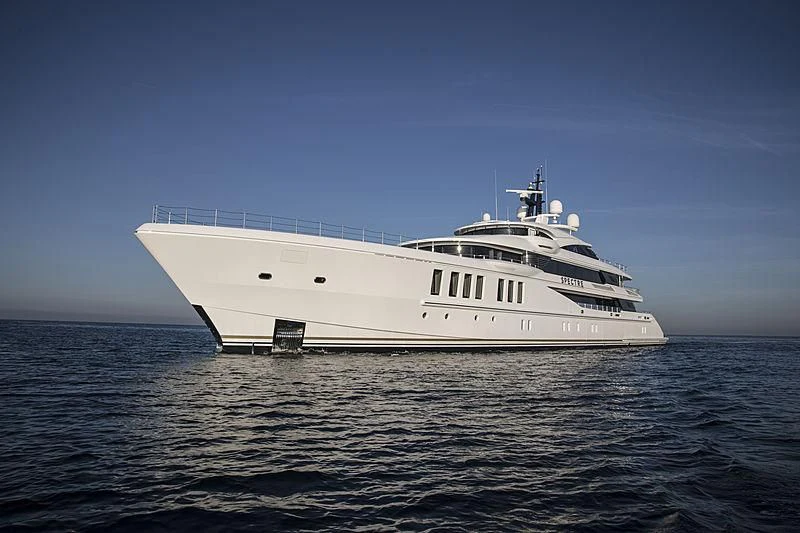 a white boat in the water aboard SPECTRE Yacht for Sale