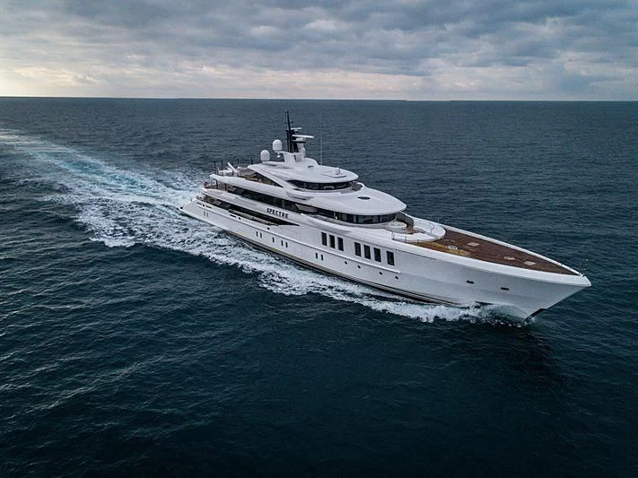 a ship in the ocean aboard SPECTRE Yacht for Sale