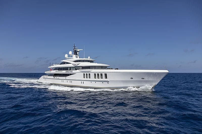 a white boat in the water aboard SPECTRE Yacht for Sale