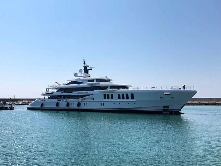 a large white yacht aboard SPECTRE Yacht for Sale