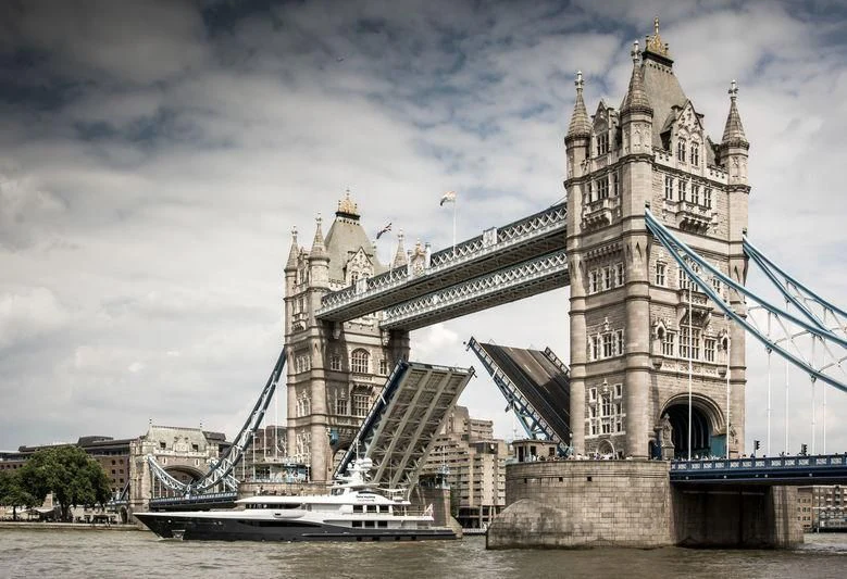 Tower Bridge over water aboard GENE MACHINE Yacht for Sale