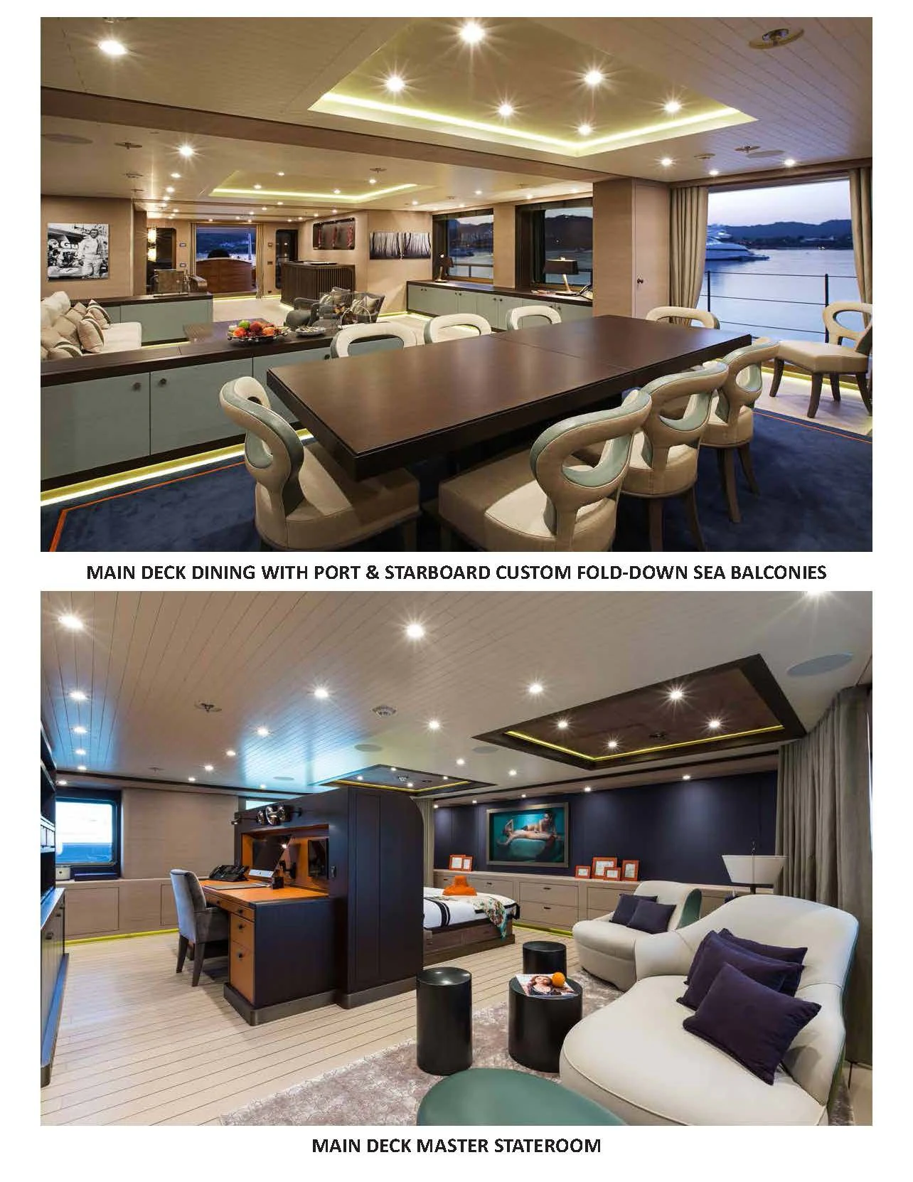 a large room with a table and chairs aboard GENE MACHINE Yacht for Sale