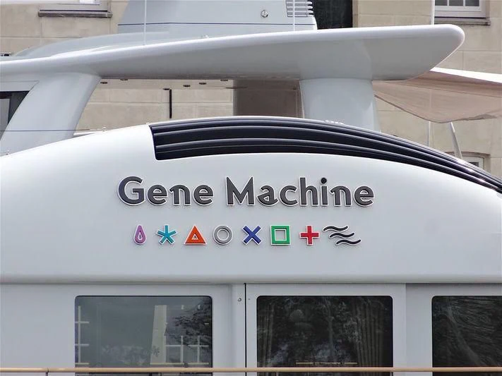 a white box with a sign on it aboard GENE MACHINE Yacht for Sale