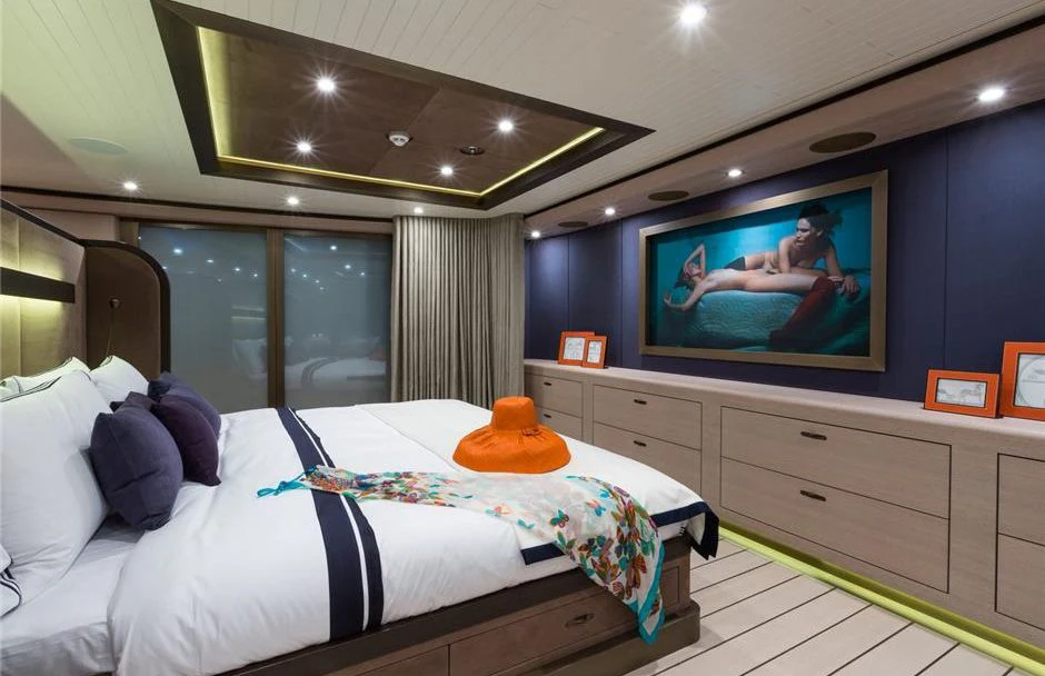 a bed in a room aboard GENE MACHINE Yacht for Sale