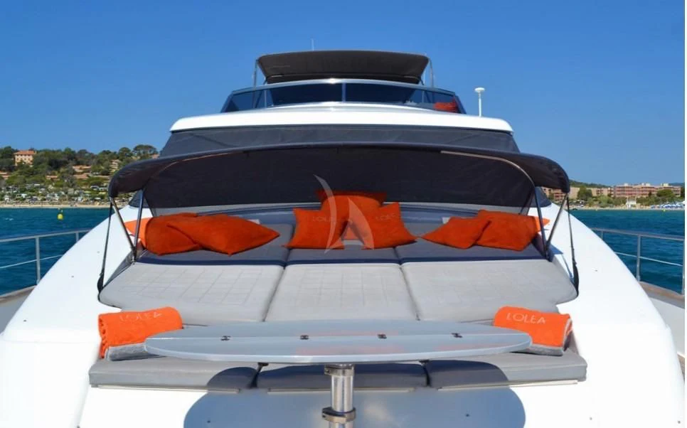 a boat with a life jacket on the front aboard LOLEA Yacht for Charter