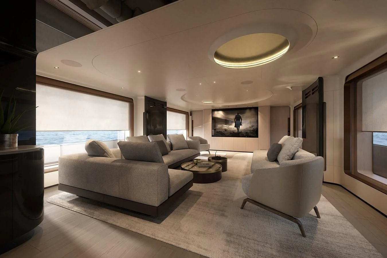 a living room with a large window aboard EYE OF DESTINY Yacht for Sale
