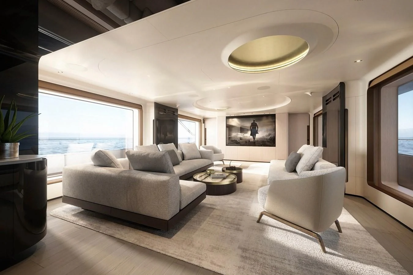 a living room with a large window aboard EYE OF DESTINY Yacht for Sale