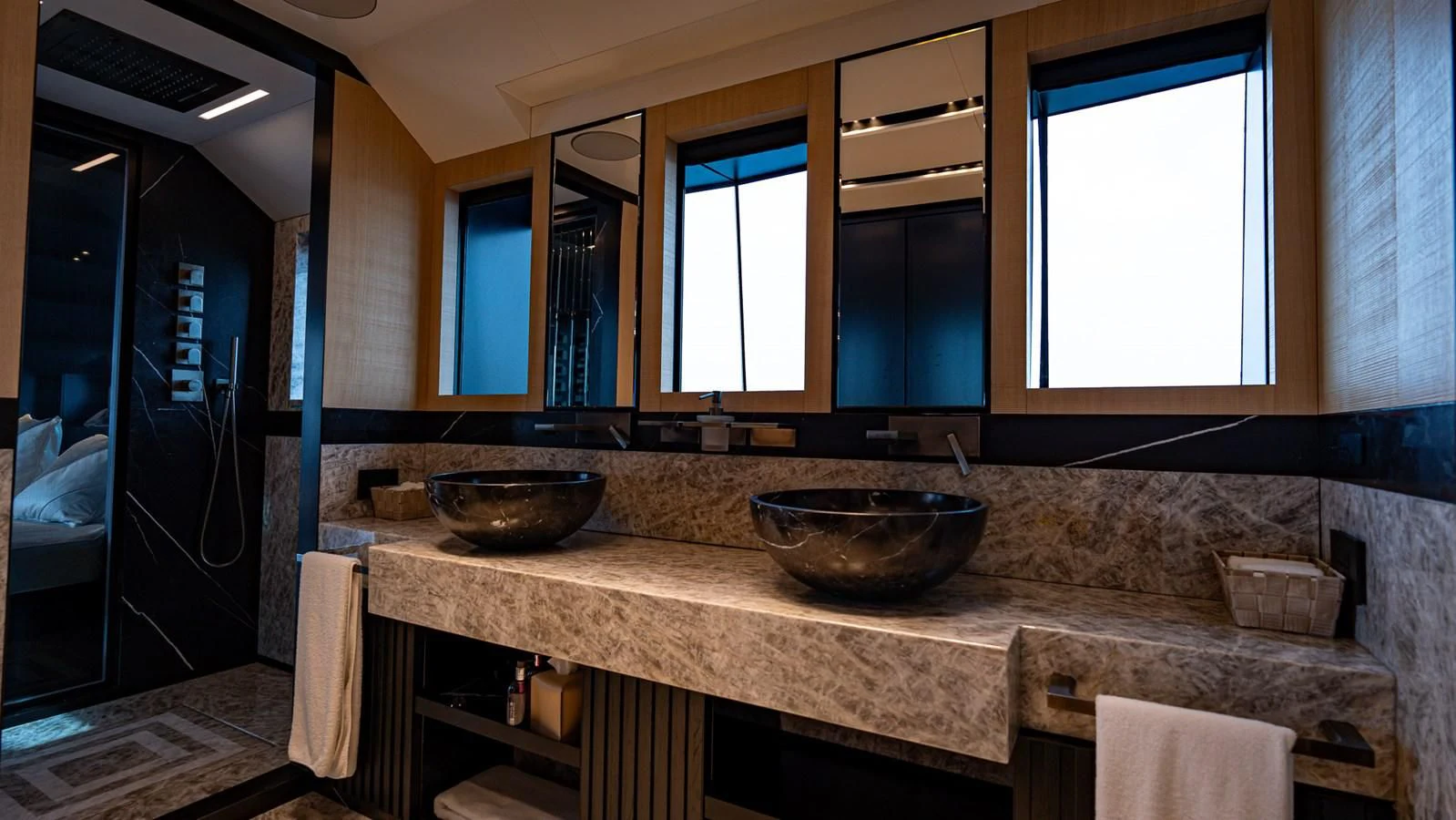 a kitchen with marble counter tops aboard EYE OF DESTINY Yacht for Sale
