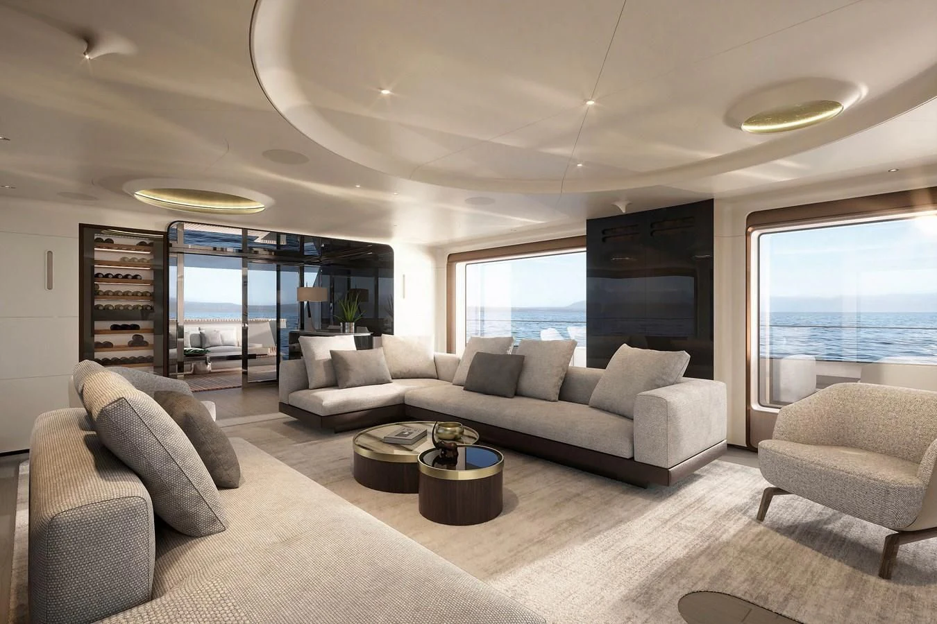 a living room with a large window aboard EYE OF DESTINY Yacht for Sale