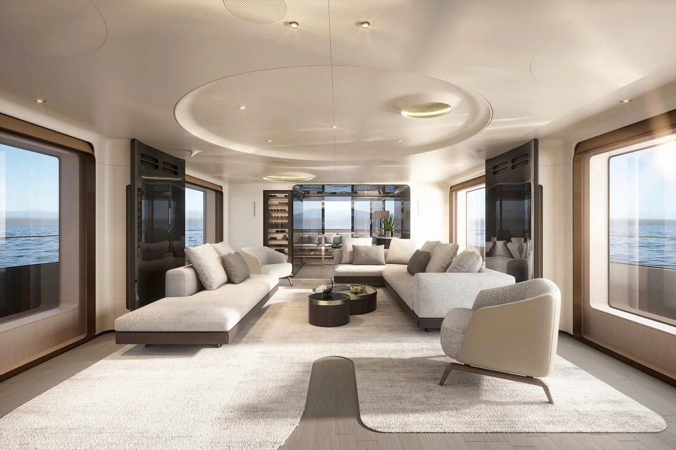 a living room with a large window aboard EYE OF DESTINY Yacht for Sale