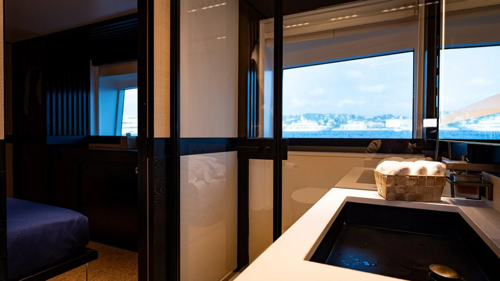 a room with a large window aboard EYE OF DESTINY Yacht for Sale