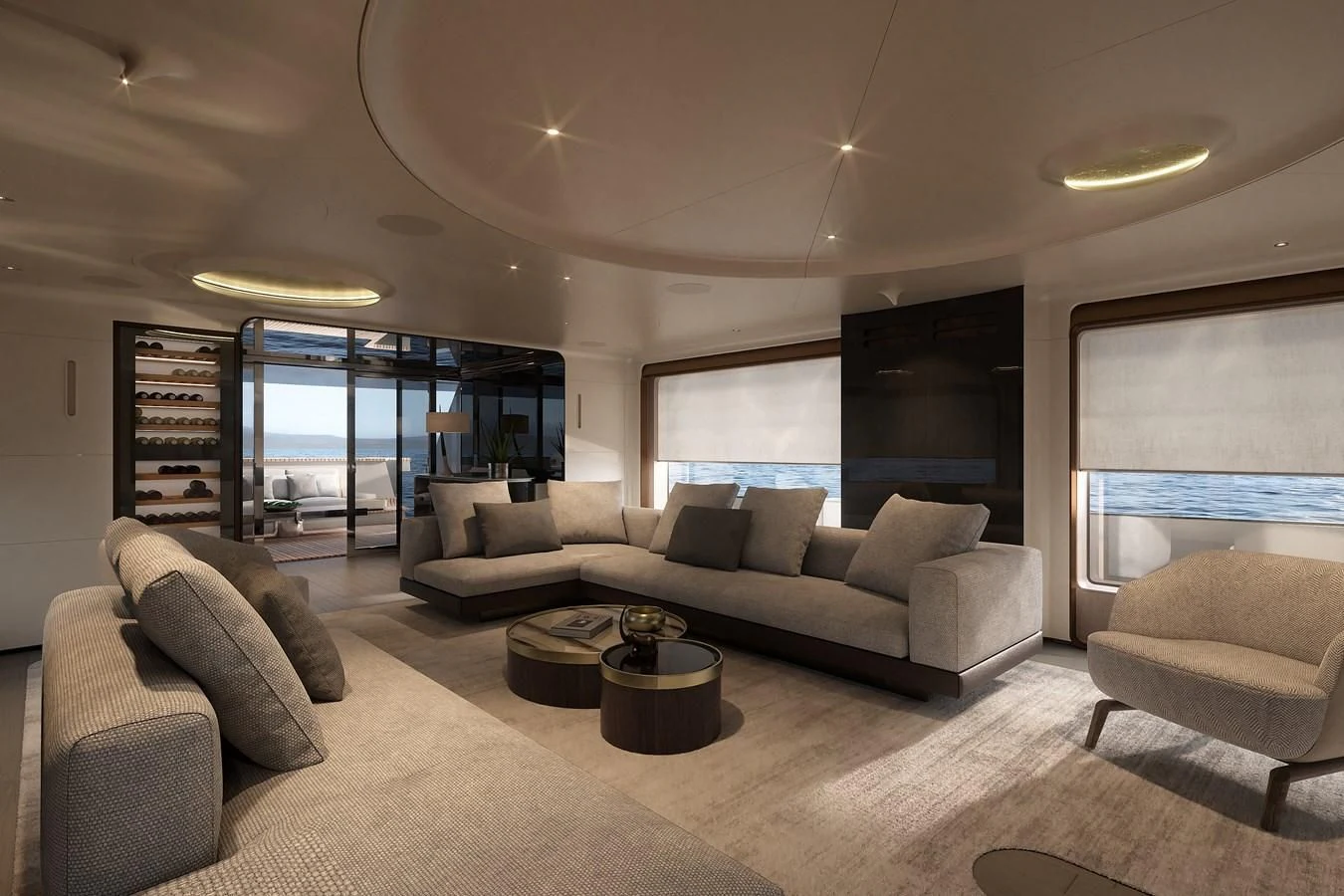 a living room with a large window aboard EYE OF DESTINY Yacht for Sale