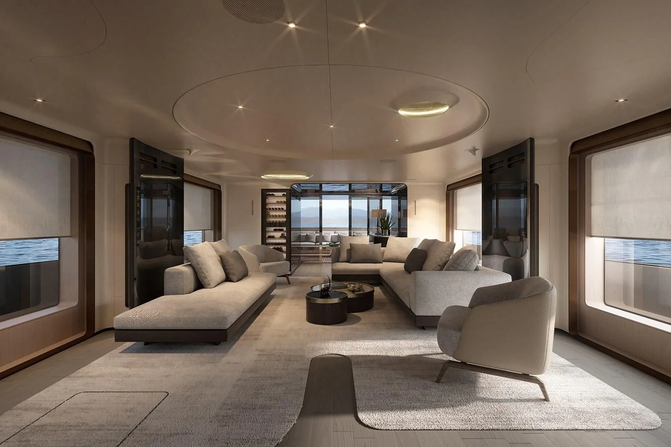 a living room with a large window aboard EYE OF DESTINY Yacht for Sale
