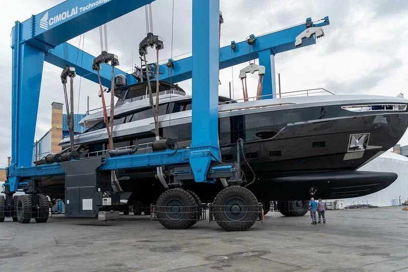 a large boat on a trailer aboard EYE OF DESTINY Yacht for Sale