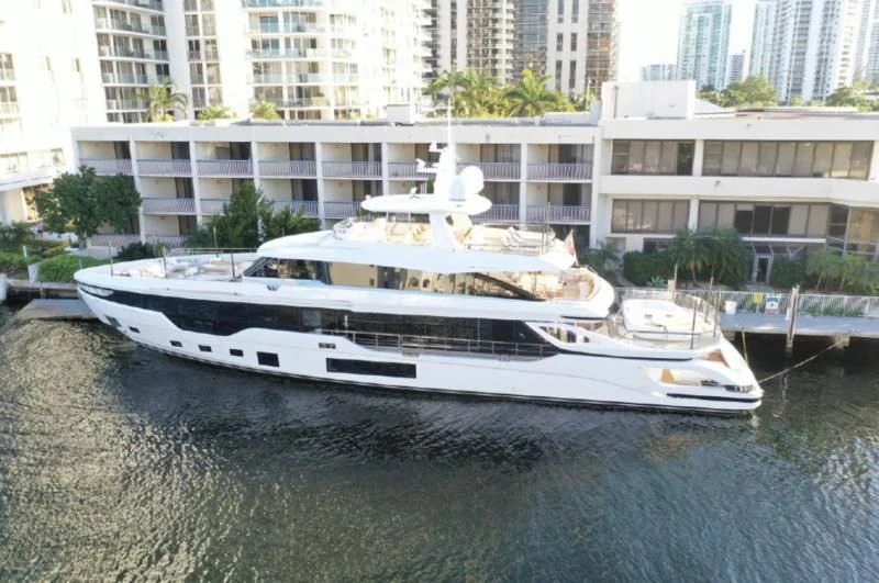 a white boat in the water aboard EYE OF DESTINY Yacht for Sale