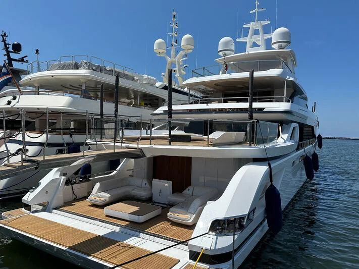 a boat docked at a pier aboard EYE OF DESTINY Yacht for Sale