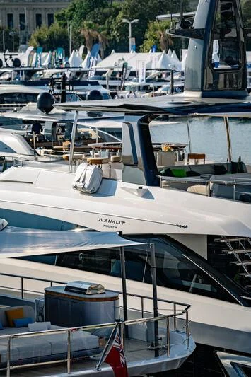 a group of boats in a harbor aboard EYE OF DESTINY Yacht for Sale