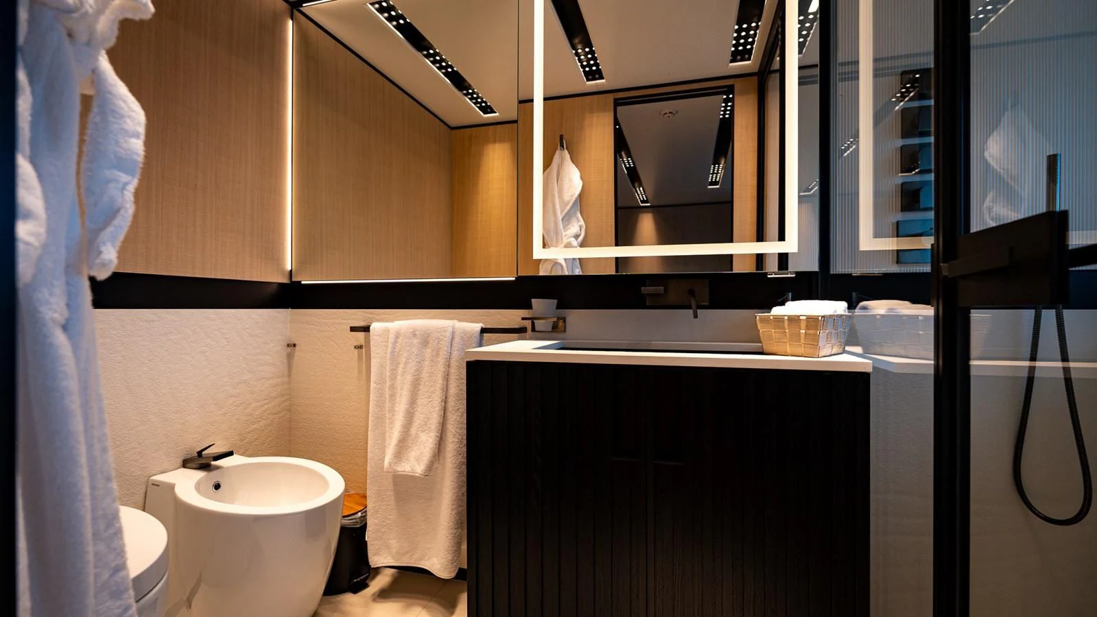 a bathroom with a towel over the sink aboard EYE OF DESTINY Yacht for Sale