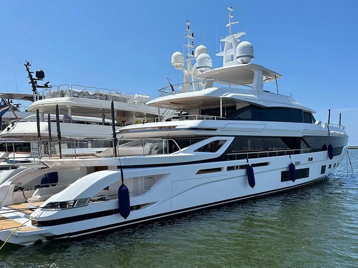 a large white boat docked aboard EYE OF DESTINY Yacht for Sale
