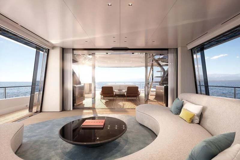 a living room with a large window aboard EYE OF DESTINY Yacht for Sale