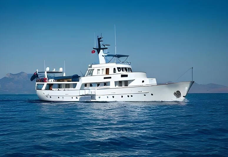 a white yacht in the water aboard LA GRANDE DAME Yacht for Sale