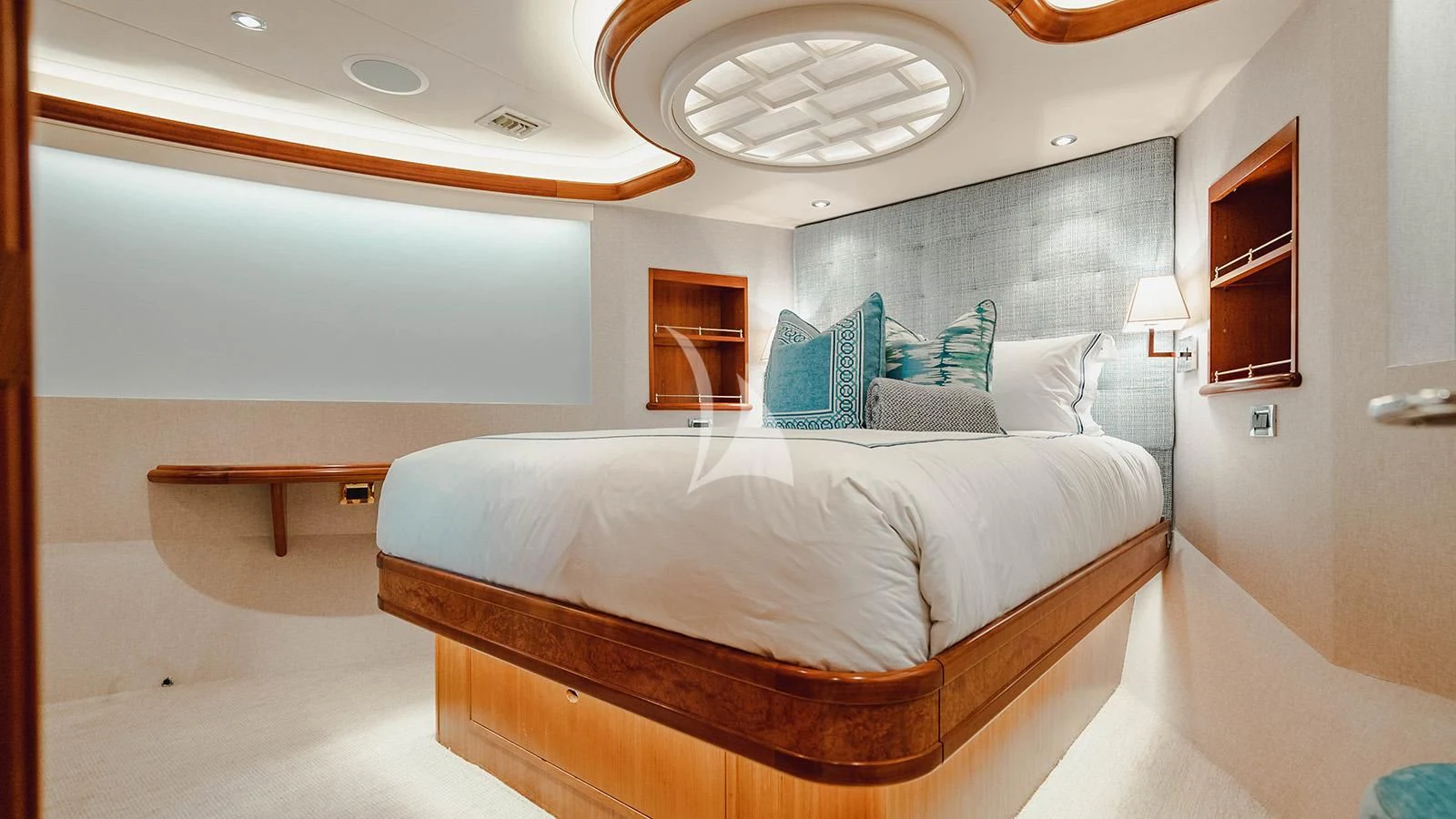 a large bed in a room aboard LA LADY Yacht for Sale